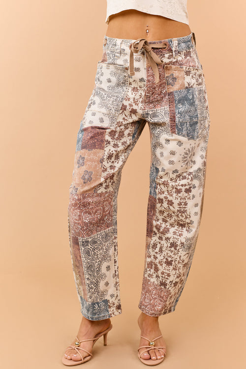 Risen Almond Paisley Patchwork Stretchy Barrel Jeans