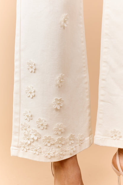 Risen Cream 3D Floral Tummy Control Wide Leg Jeans