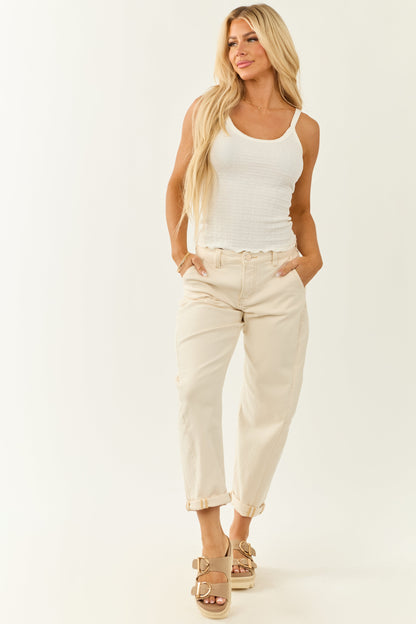Risen Ivory High Rise Cuffed Stretchy Barrel Jeans