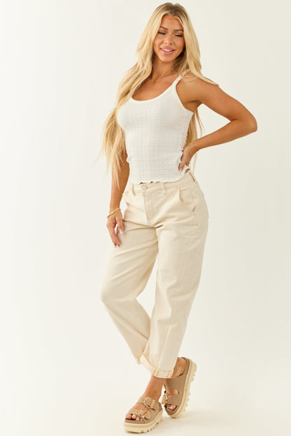 Risen Ivory High Rise Cuffed Stretchy Barrel Jeans