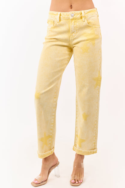 Risen Lemon Washed Star Stretchy Slim Barrel Jeans