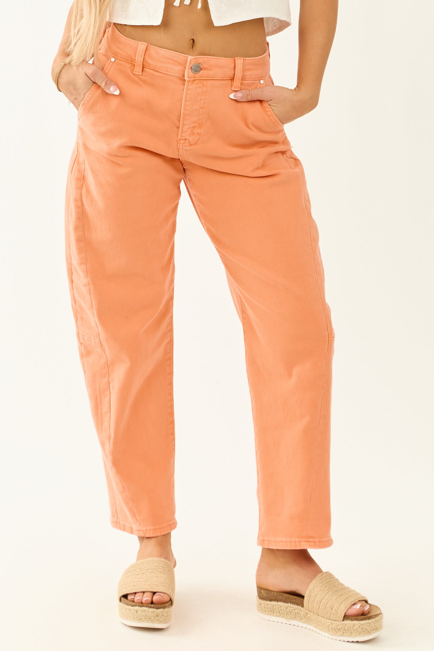 Risen Melon High Rise Cuffed Stretchy Barrel Jeans