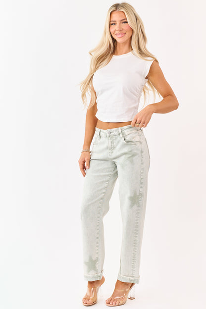 Risen Pistachio Washed Star Stretchy Slim Barrel Jeans