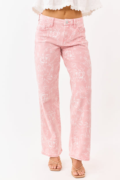 Risen Punch Floral Relaxed Straight Stretchy Jeans