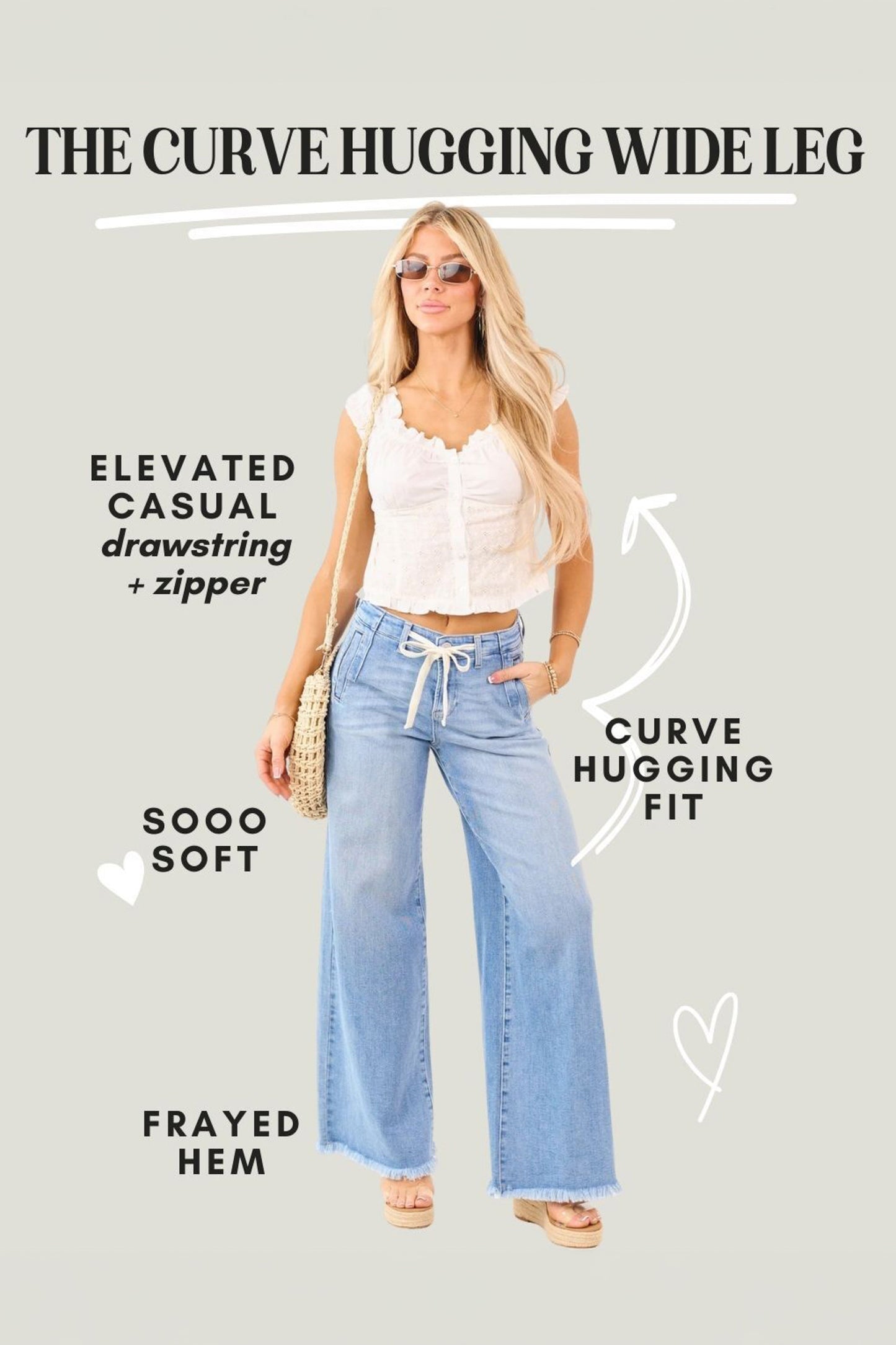 Risen Light Wash High Rise Wide Leg Drawstring Jeans
