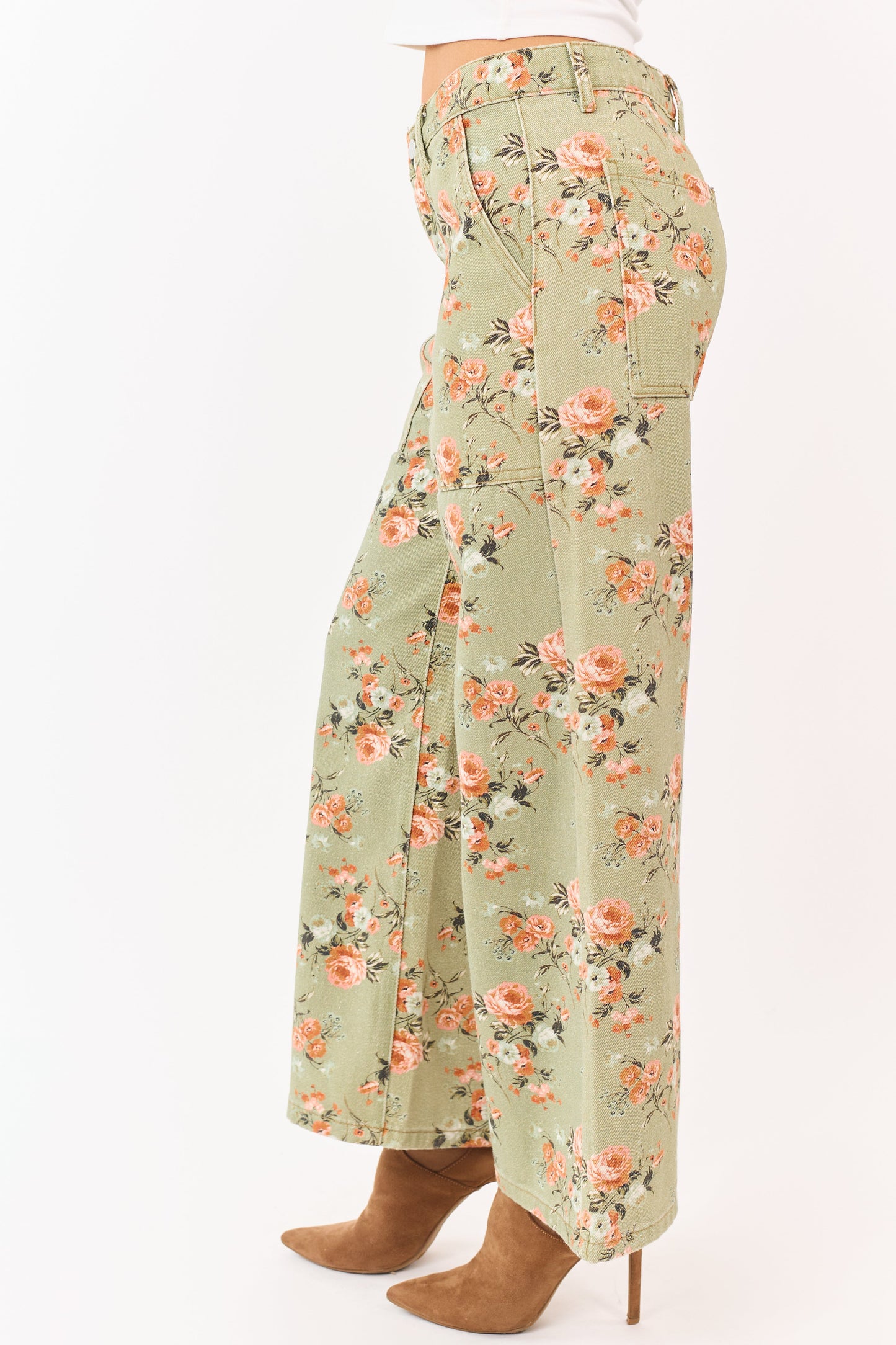 Sage Rose Print Wide Leg High Rise Jeans