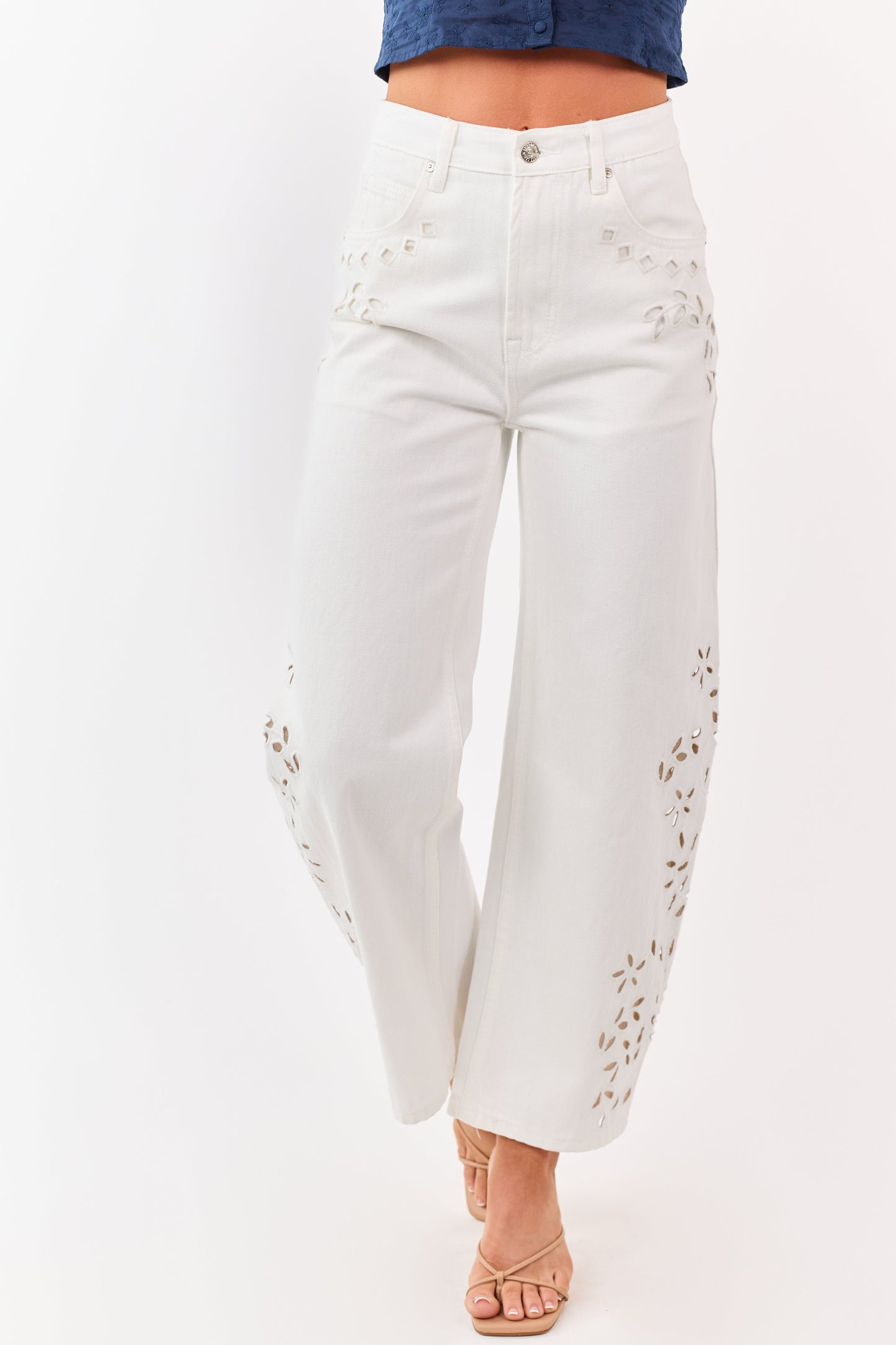 Saige Ivory Embroidered Tummy Control Barrel Jeans