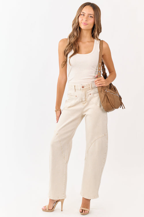 Saige Oatmeal Stretchy Tummy Control Barrel Jeans