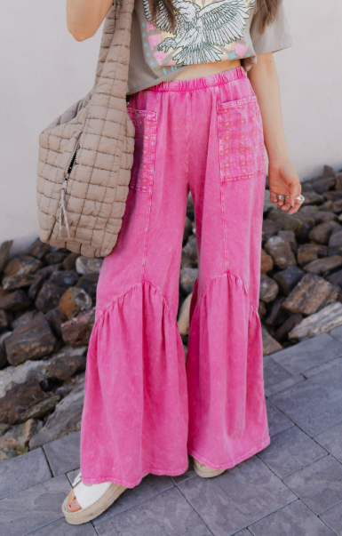 J.HER Mineral Washed Cotton Print Pocket Wide-Leg Flare Pants | S-XL