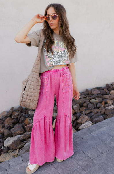 J.HER Mineral Washed Cotton Print Pocket Wide-Leg Flare Pants | S-XL