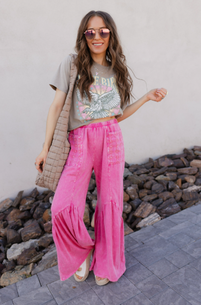 J.HER Mineral Washed Cotton Print Pocket Wide-Leg Flare Pants | S-XL