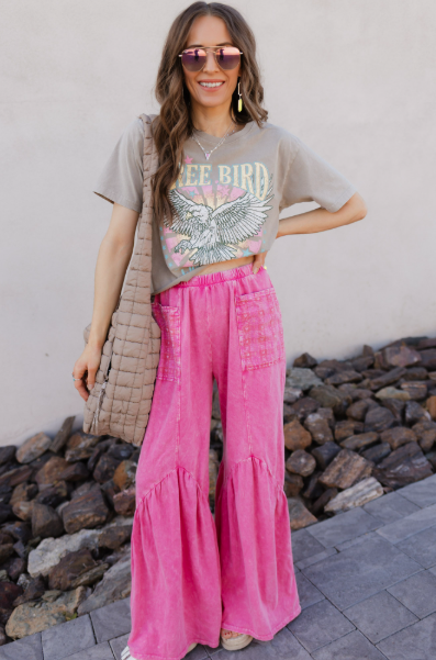 J.HER Mineral Washed Cotton Print Pocket Wide-Leg Flare Pants | S-XL