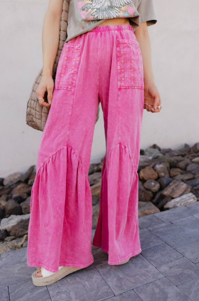 J.HER Mineral Washed Cotton Print Pocket Wide-Leg Flare Pants | S-XL