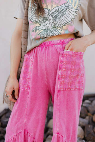 J.HER Mineral Washed Cotton Print Pocket Wide-Leg Flare Pants | S-XL