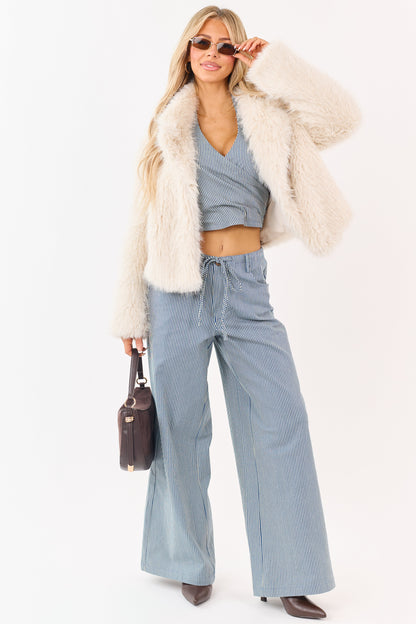Steel Blue Pin Stripe Stretchy Denim Wide Leg Pants