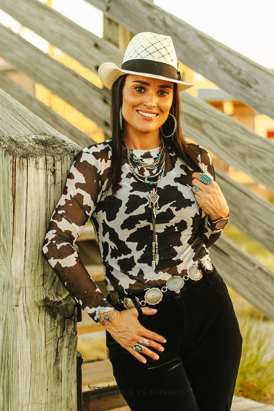 Black Cow Printed Long Sleeve Mesh Top