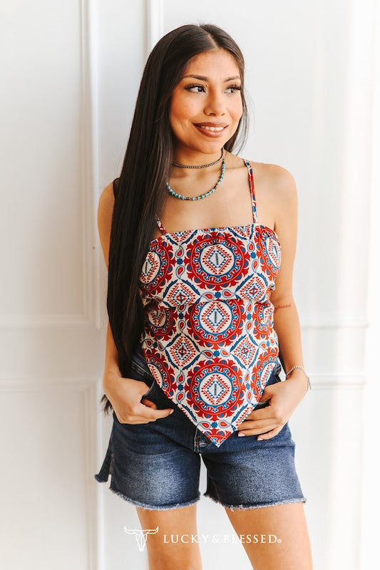 Red Bandana Printed Spaghetti Strap Back Tie Top