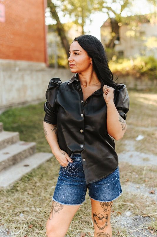 Black Faux Leather Puff Half Sleeve Button Down Shirt