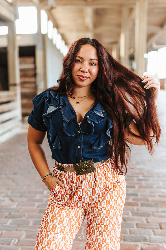 Dark Wash Button Down Short Sleeve Ruffle Top