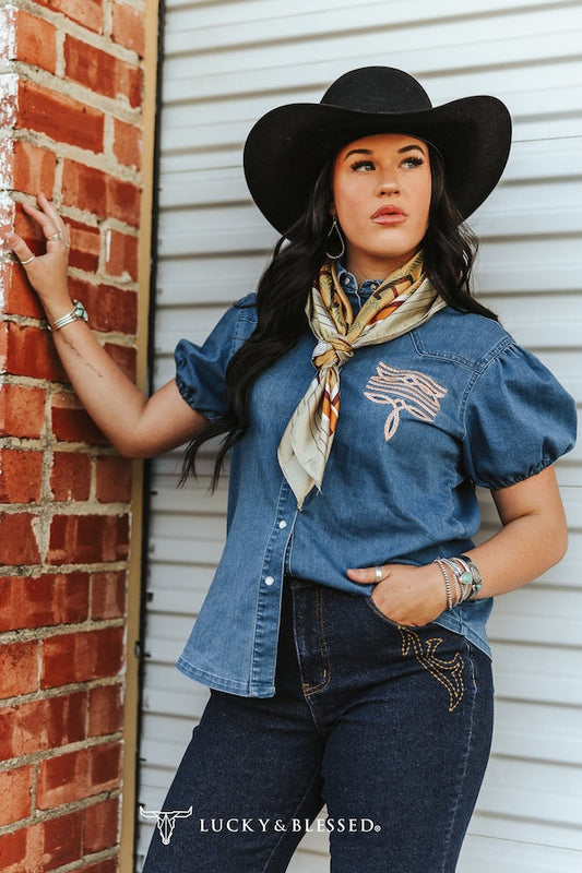 Mid Wash Puff Short Sleeve Western Embroidered Pearl Snap Top
