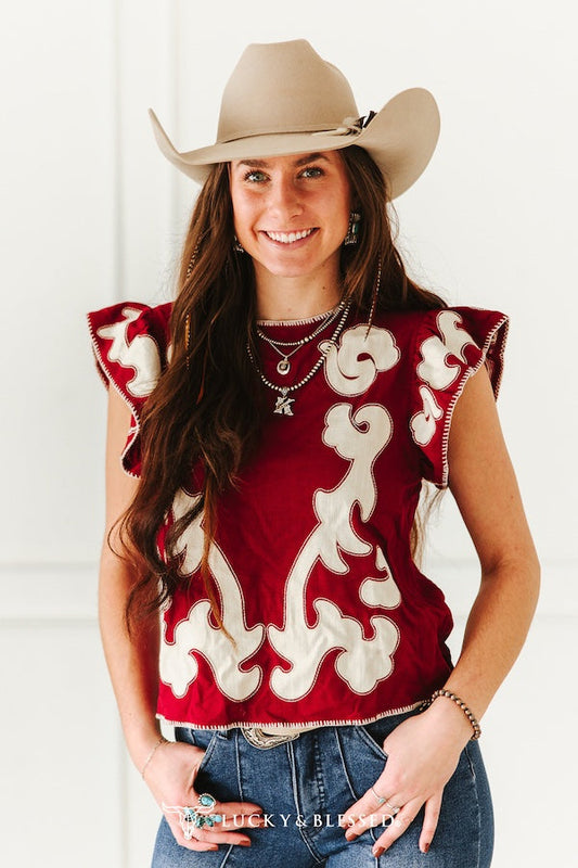 Deep Red Ivory Patch Contrast Stitching Ruffle Sleeve Blouse