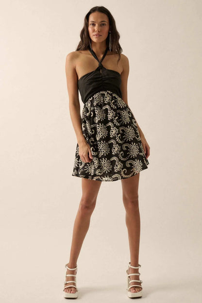 Spin Me Around Embroidered Halter Mini Dress