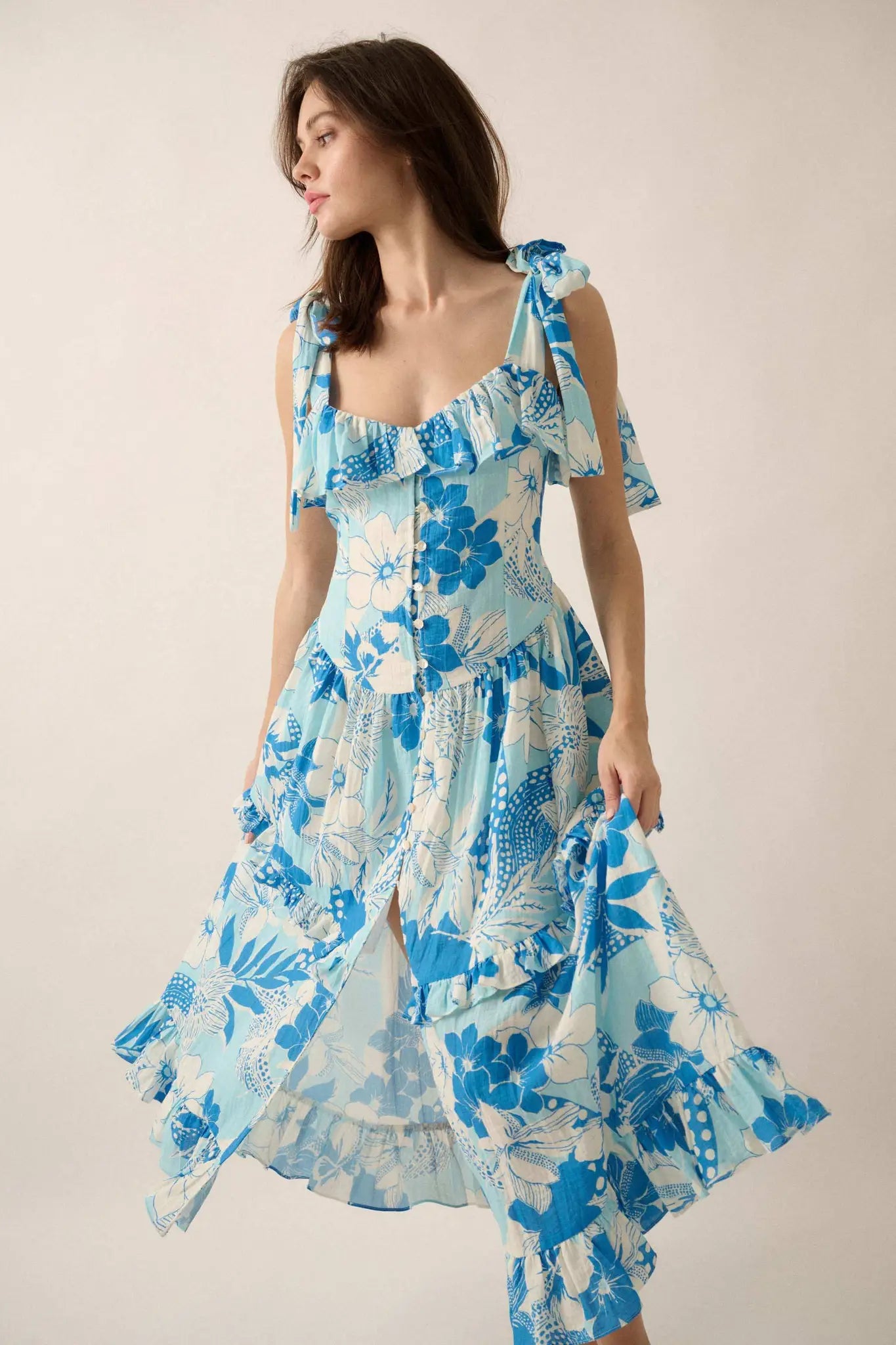 Hot Tropics Floral Button-Front Ruffle Midi Dress
