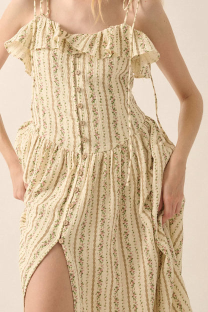 Climbing Vines Floral Gauze Ruffle Midi Dress