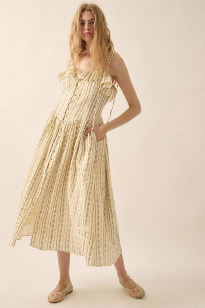 Climbing Vines Floral Gauze Ruffle Midi Dress