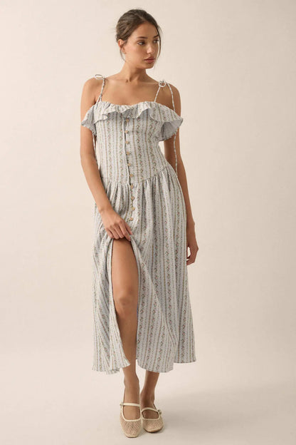 Climbing Vines Floral Gauze Ruffle Midi Dress
