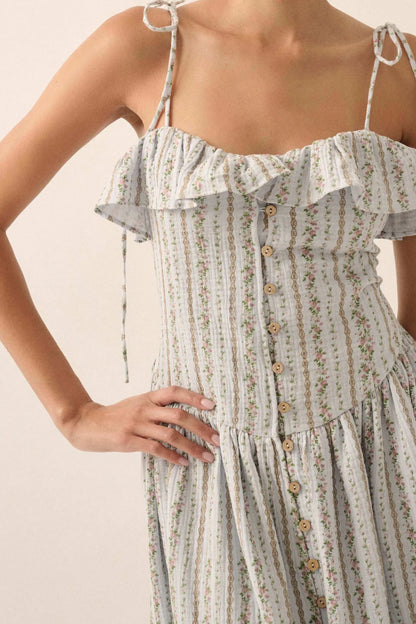 Climbing Vines Floral Gauze Ruffle Midi Dress