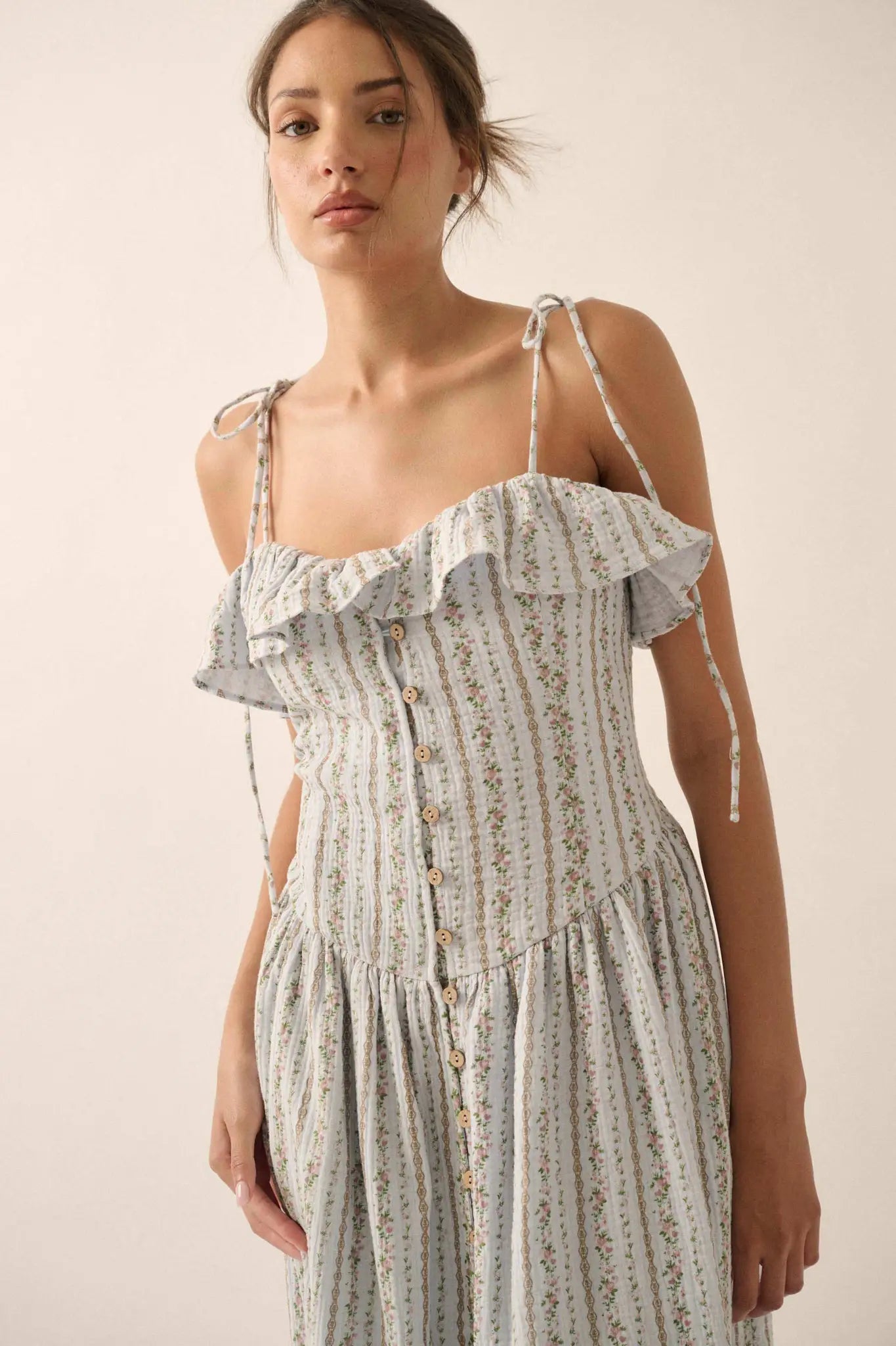 Climbing Vines Floral Gauze Ruffle Midi Dress