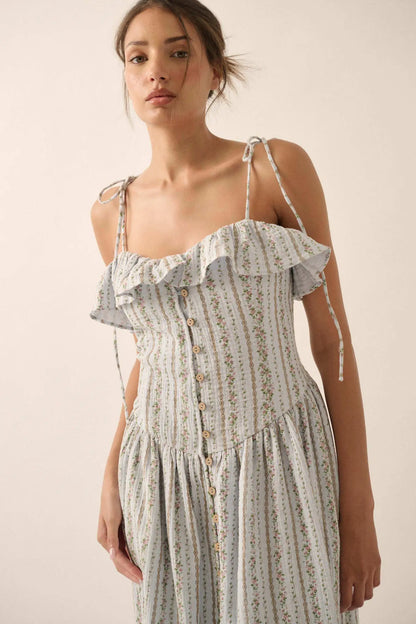 Climbing Vines Floral Gauze Ruffle Midi Dress