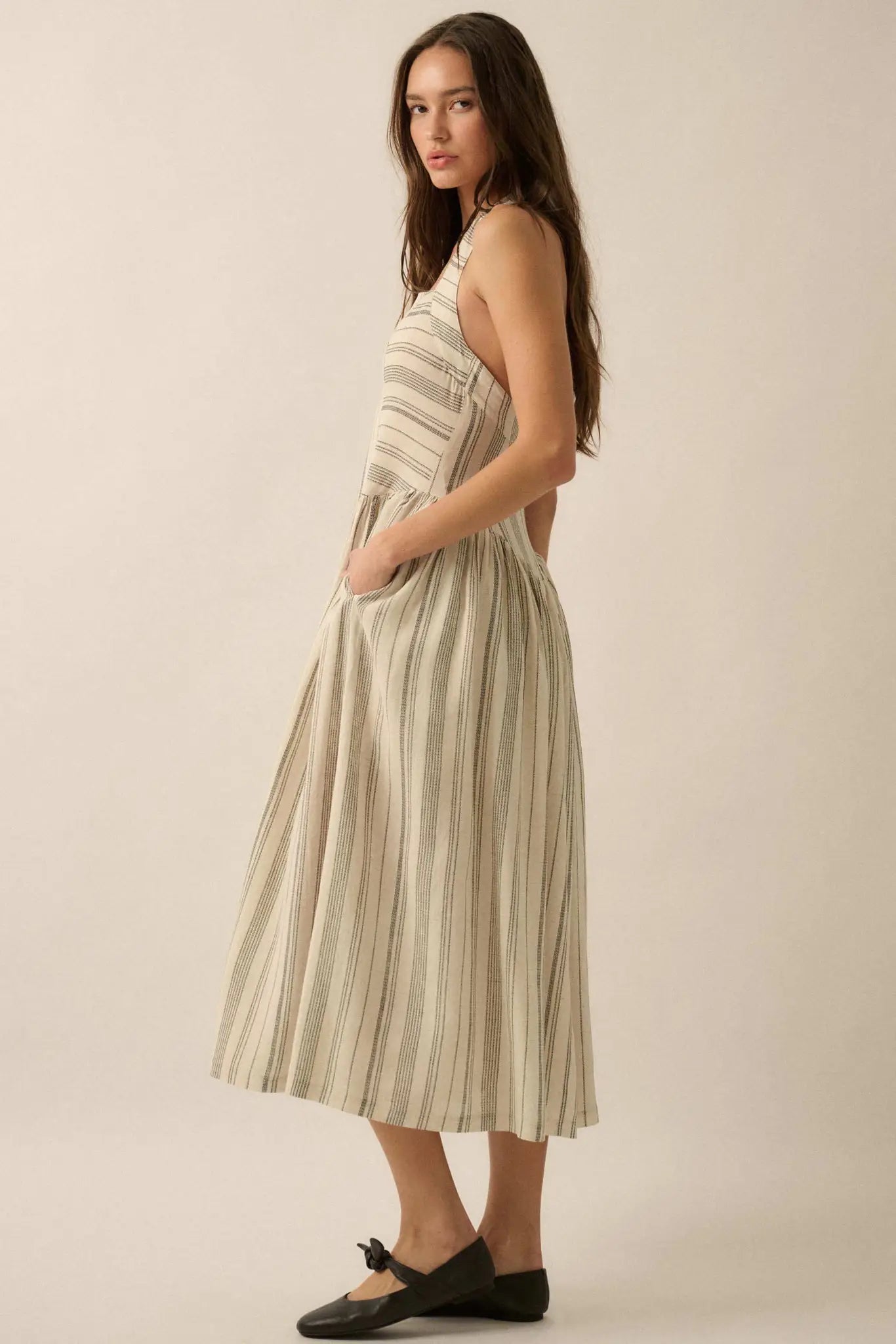 Along the Way Pinstripe Drop-Waist Midi Dress