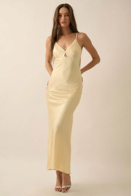 Silken Touch Textured Satin Open-Back Maxi Dress