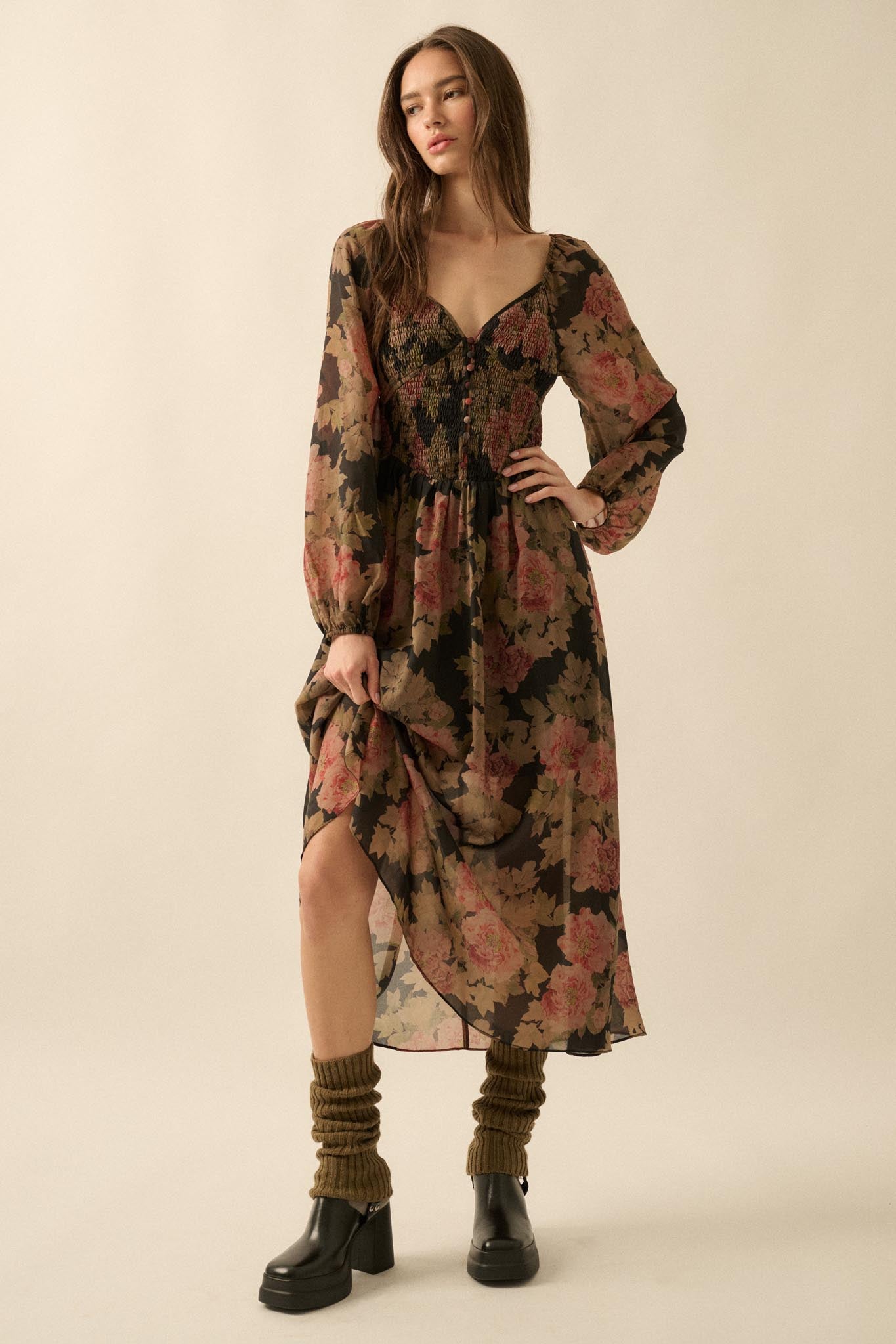 Peaceful Petals Smocked Floral Midi Peasant Dress