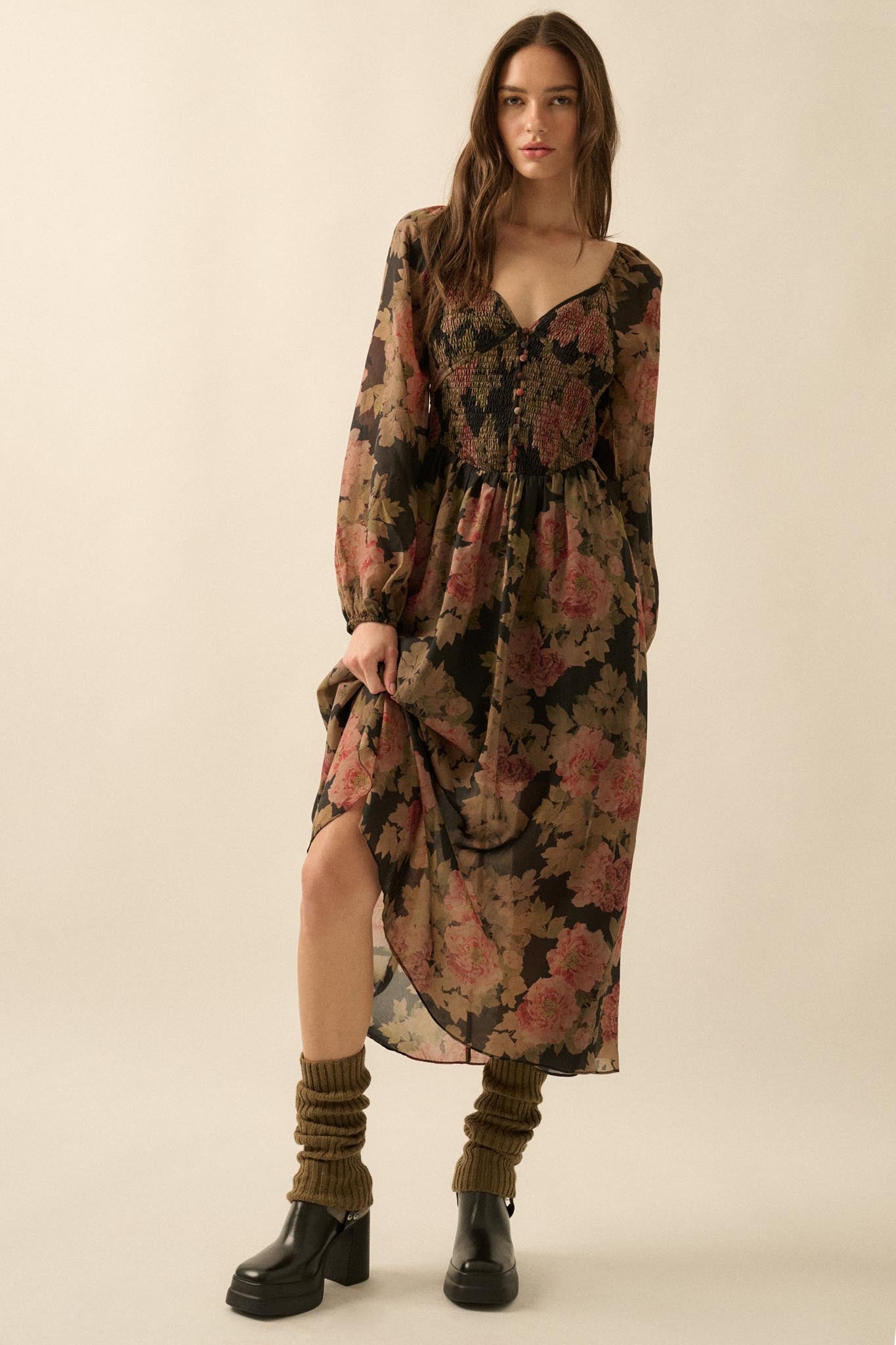Peaceful Petals Smocked Floral Midi Peasant Dress