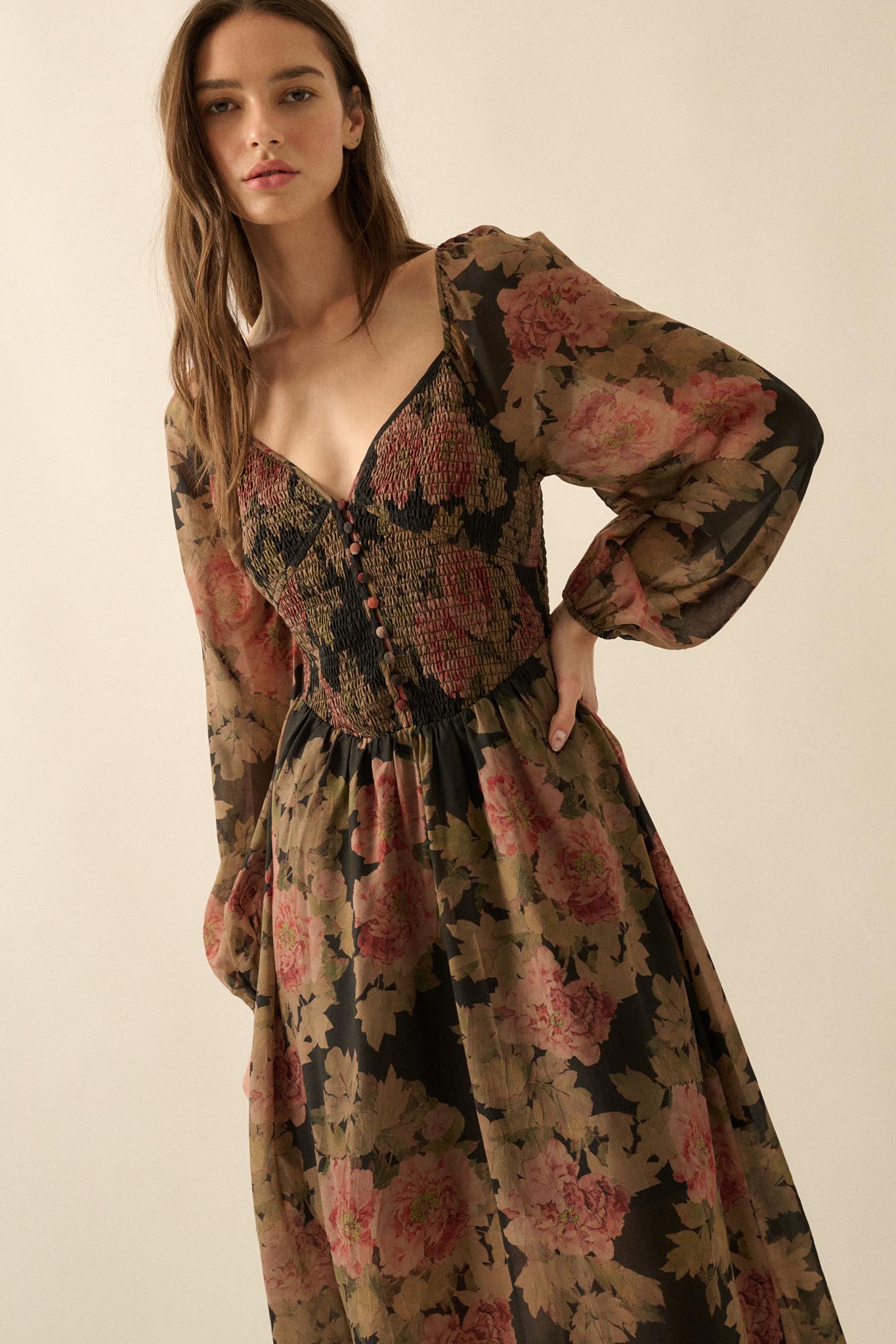 Peaceful Petals Smocked Floral Midi Peasant Dress