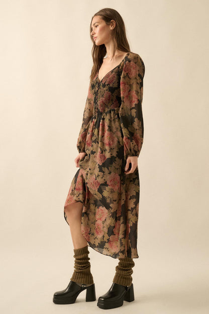 Peaceful Petals Smocked Floral Midi Peasant Dress