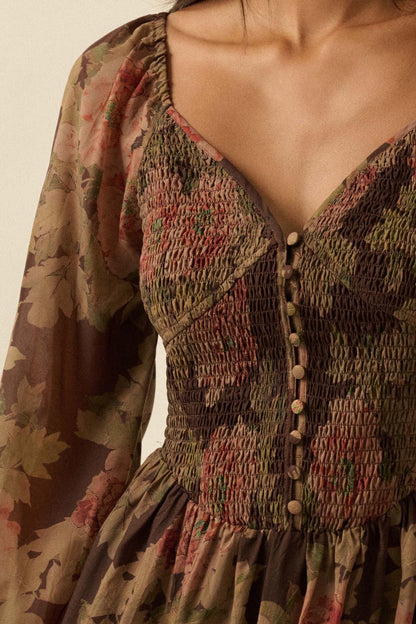 Peaceful Petals Smocked Floral Midi Peasant Dress