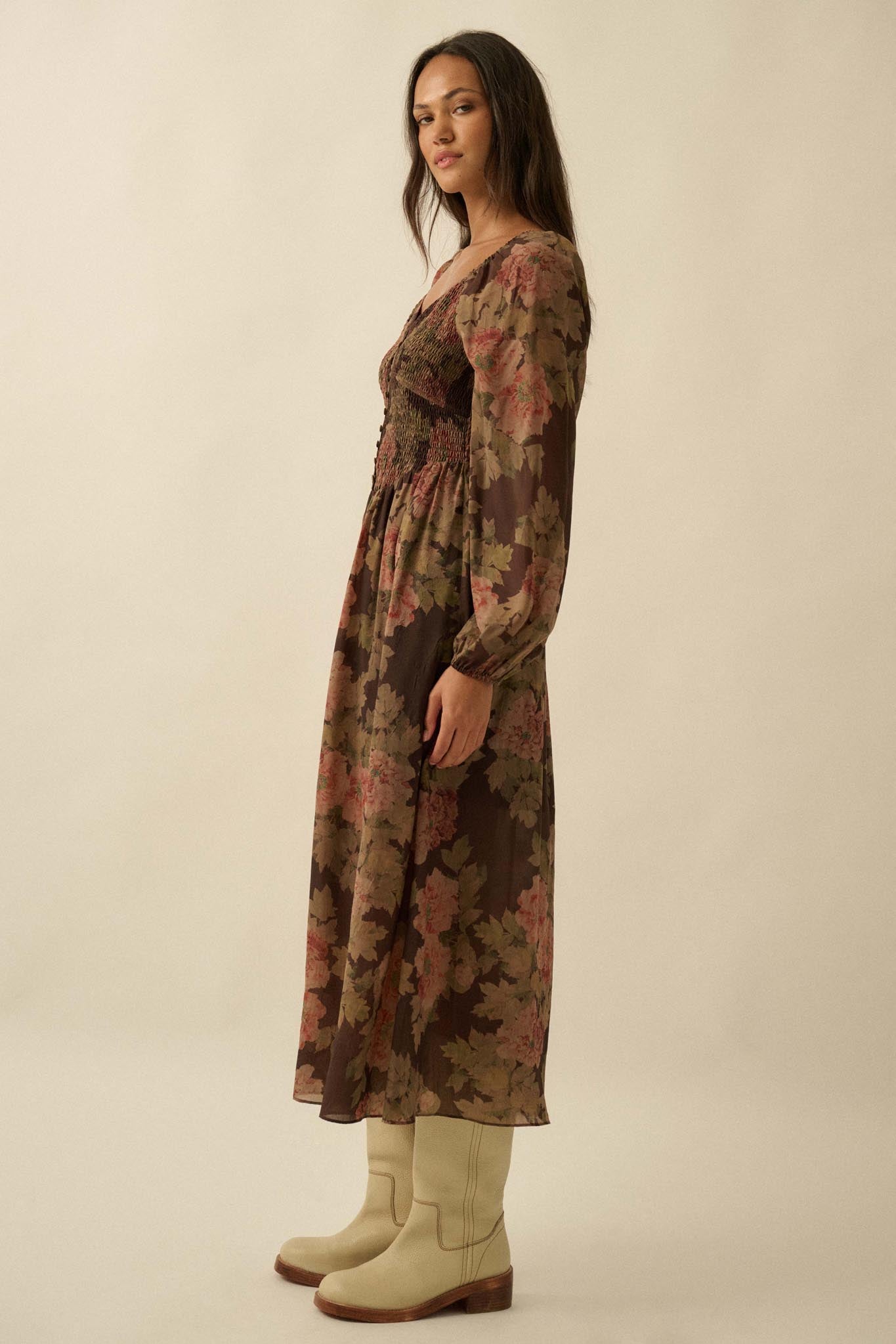 Peaceful Petals Smocked Floral Midi Peasant Dress