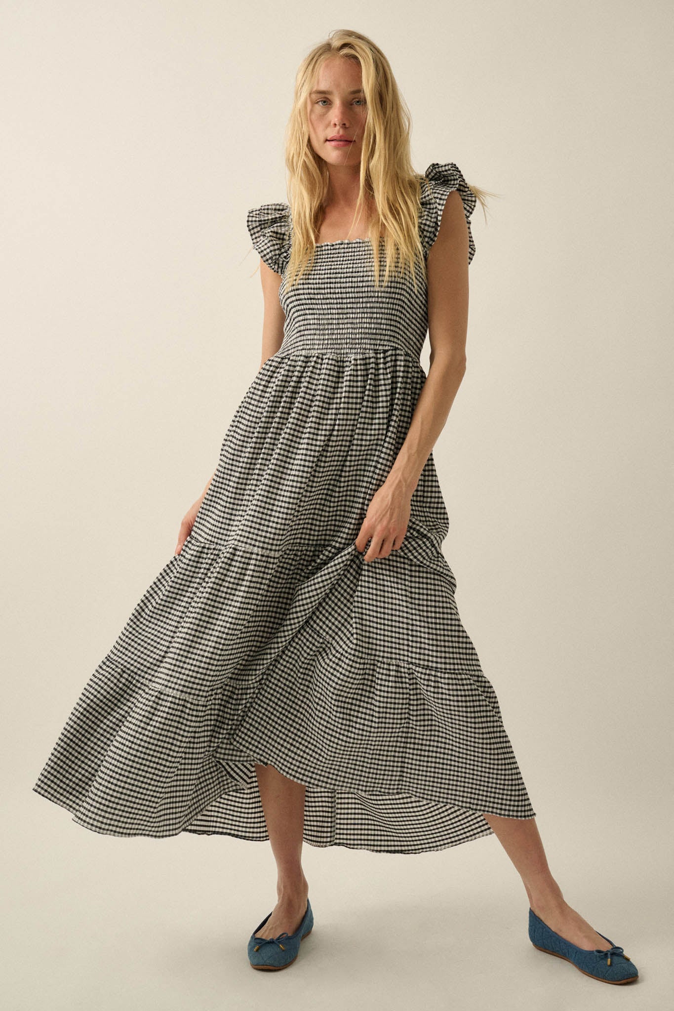 Sweet Treat Smocked Gingham Ruffle Midi Dress