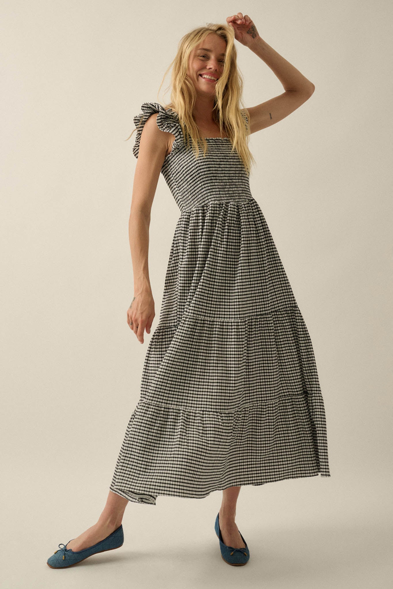 Sweet Treat Smocked Gingham Ruffle Midi Dress