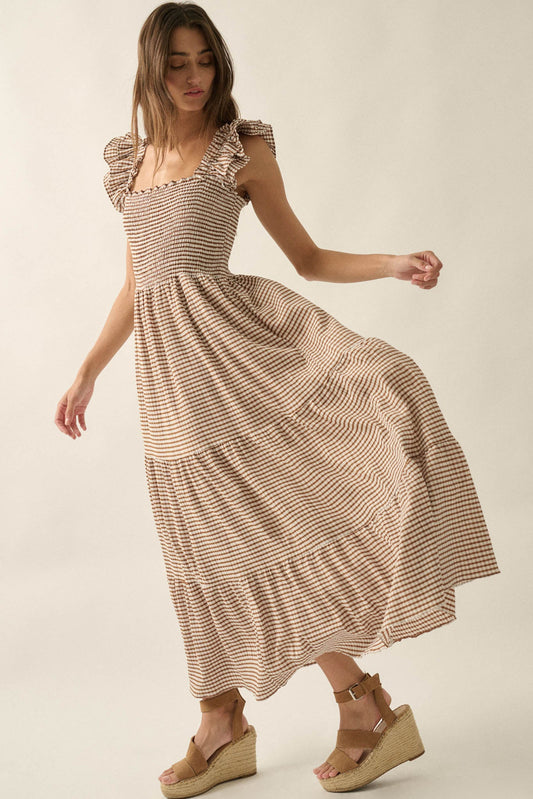 Sweet Treat Smocked Gingham Ruffle Midi Dress