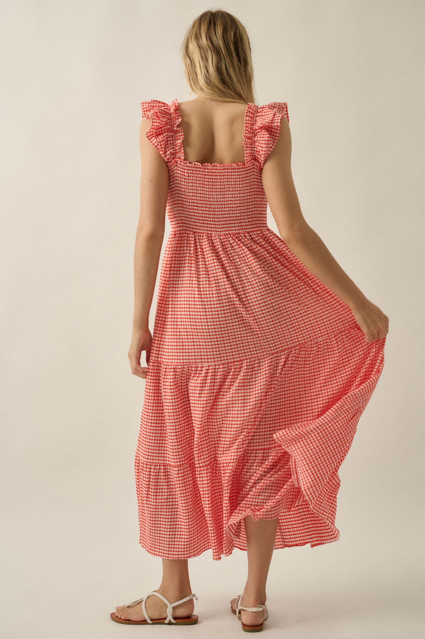 Sweet Treat Smocked Gingham Ruffle Midi Dress