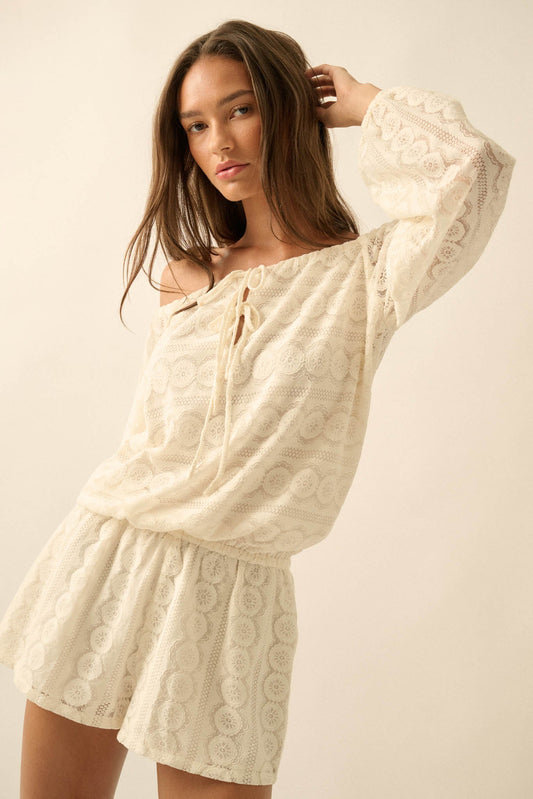 Sweet Daydream Lace Off-Shoulder Long-Sleeve Romper