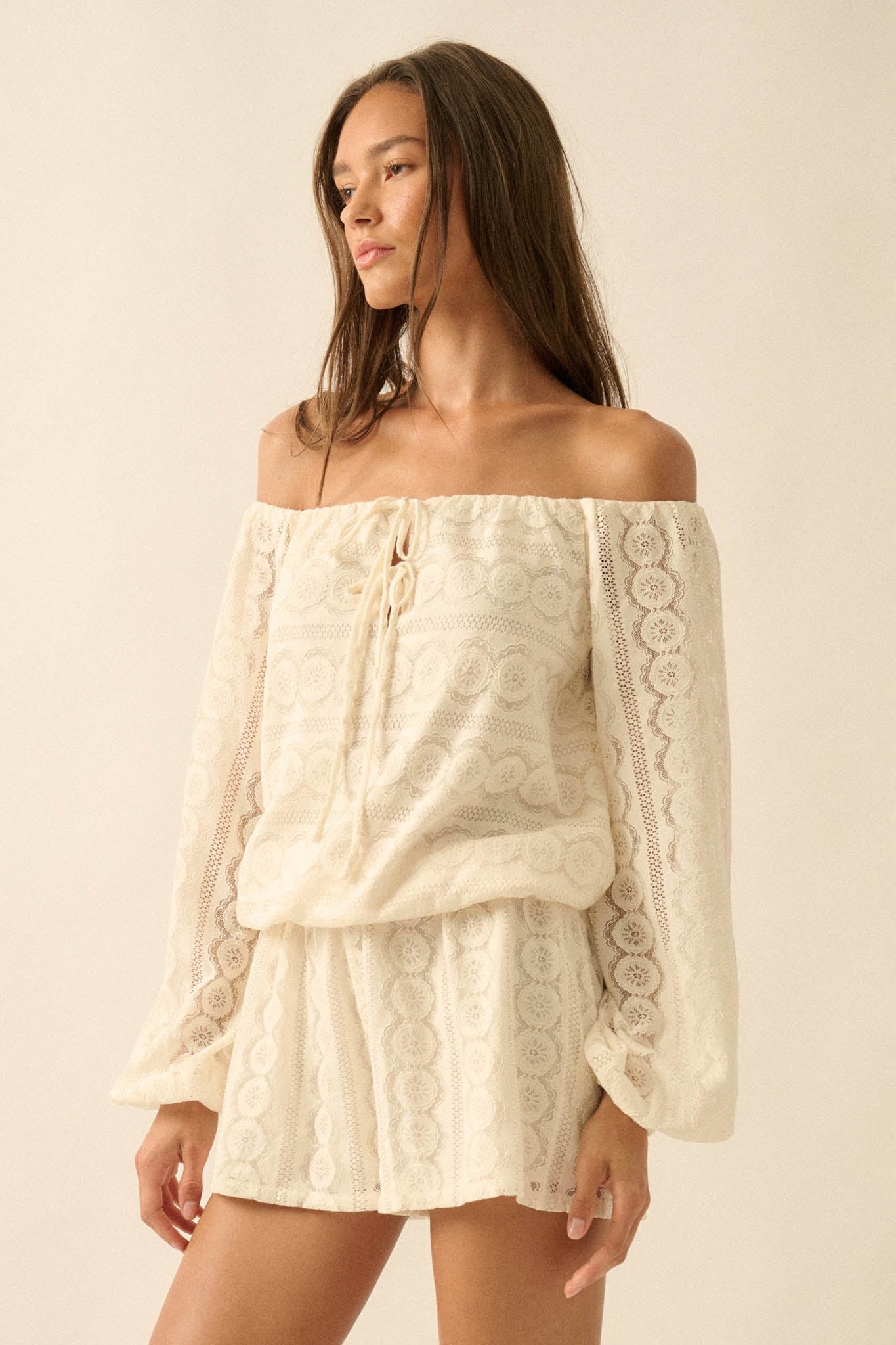 Sweet Daydream Lace Off-Shoulder Long-Sleeve Romper