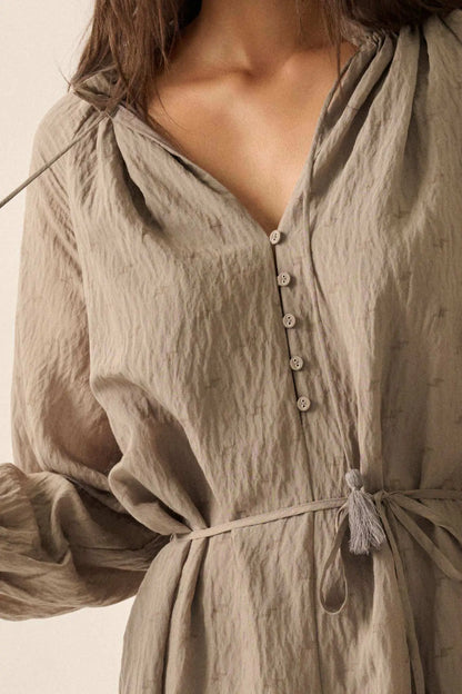 Poetic Heart Jacquard Peasant-Sleeve Belted Romper