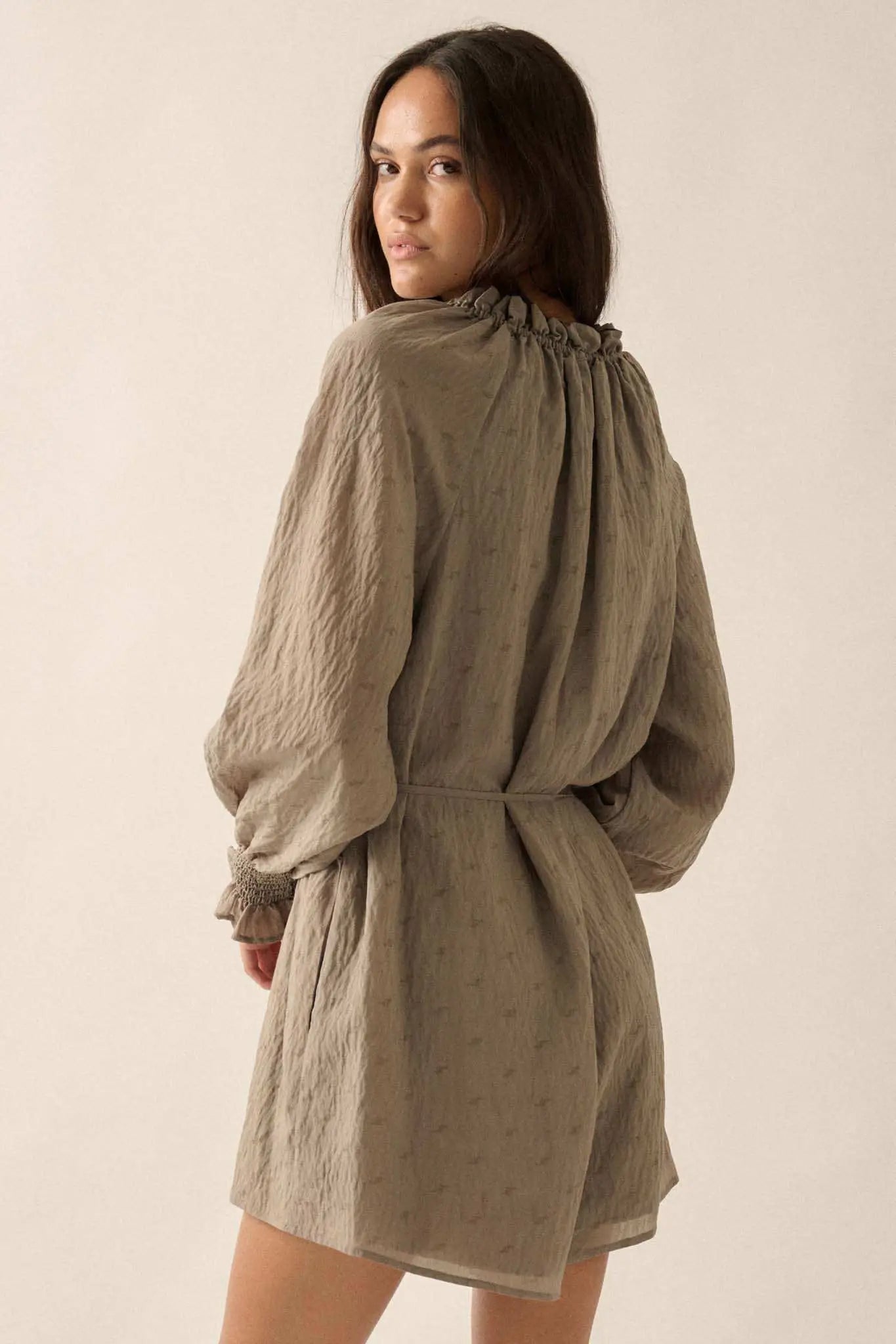 Poetic Heart Jacquard Peasant-Sleeve Belted Romper