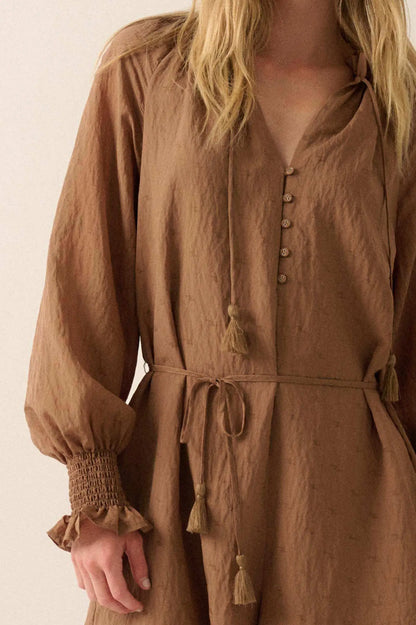 Poetic Heart Jacquard Peasant-Sleeve Belted Romper